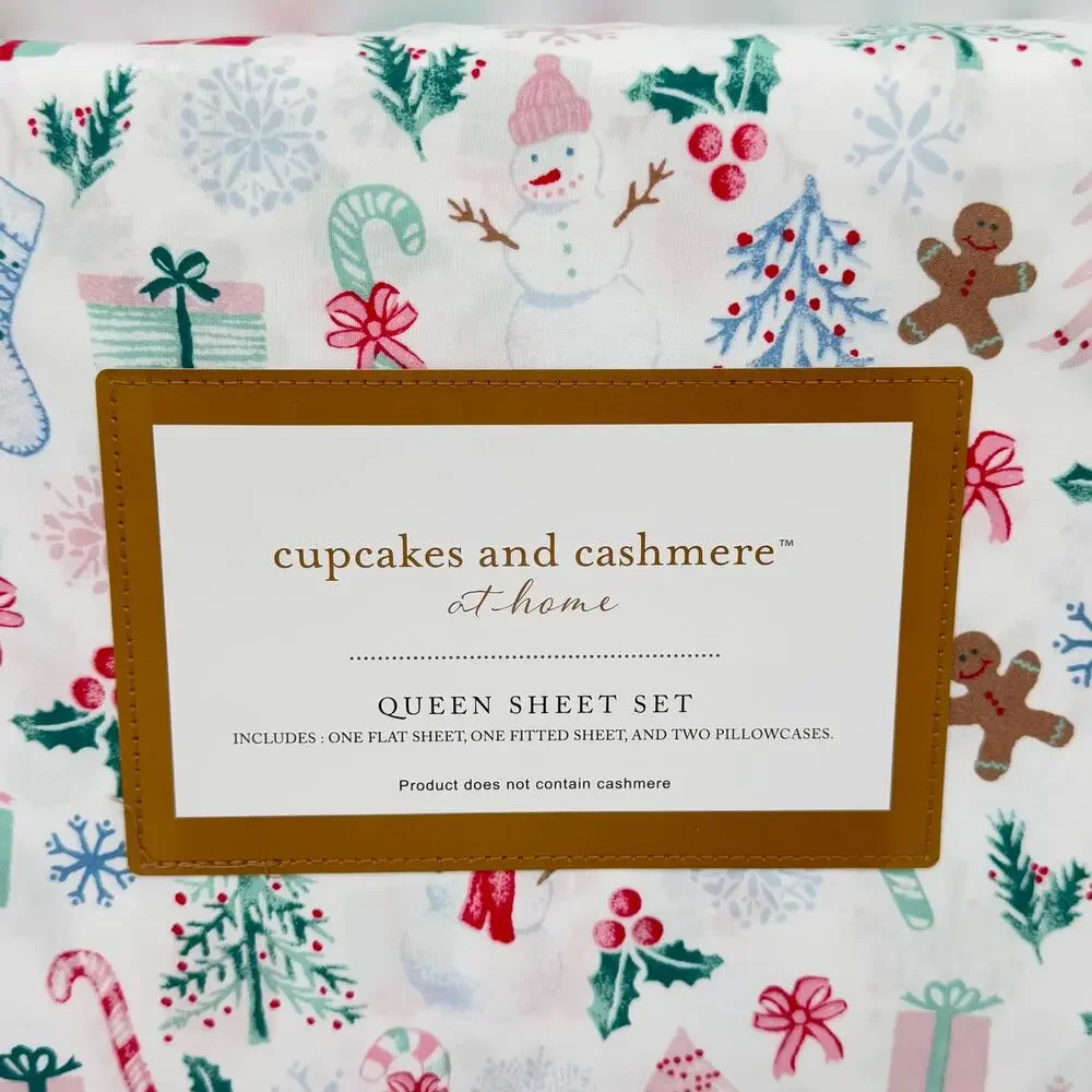 Cupcakes & Cashmere QUEEN Christmas Sheet Set Gingerbread Man Snowman Gifts NEW